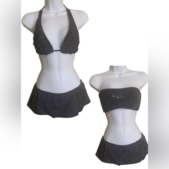 Rare Betsey Johnson Y2K Crochet Gray Cabaret 3 Piece Bikini Set Retro Pin Up - Picture 1 of 15